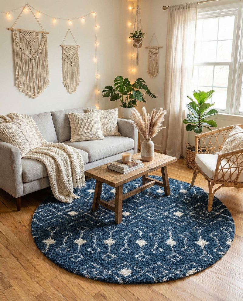 Berber Lattice Shag Collection Area Rug - Atlas (Navy Blue) Round Navy Blue  lifestyle 22