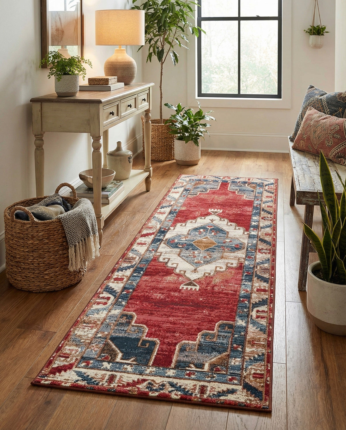 Patio Heritage Collection Area Rug -  Alcove Runner Red and Navy Blue  lifestyle 81