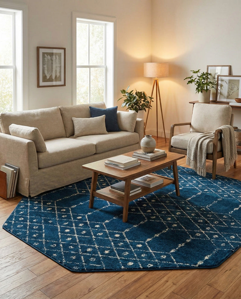 Marrakesh Lattice Collection Area Rug - Casablanca (Navy Blue) Octagon Navy Blue  lifestyle 72