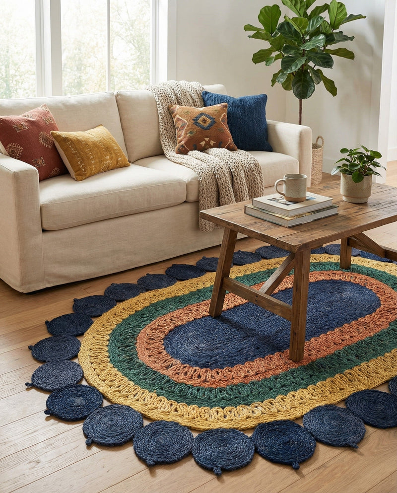 Woven Seaside Jute Collection Area Rug - Coastalhaven (Navy Blue Yellow Green) Oval Navy Blue Yellow Green  lifestyle 13