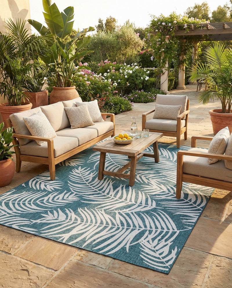 Seaside Blooms Collection Area Rug - Verdure (Teal) Rectangle Teal  lifestyle 11