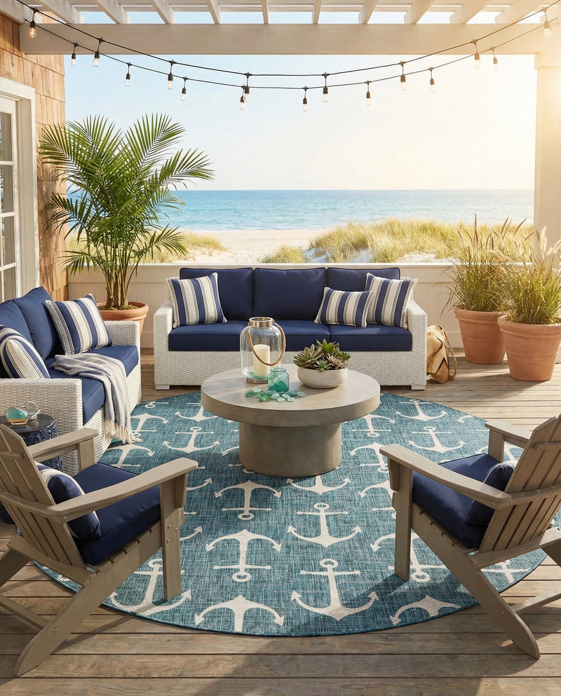 Seaside Haven Rugs Collection Area Rug - Sapphire (Teal) Round Teal  lifestyle 80