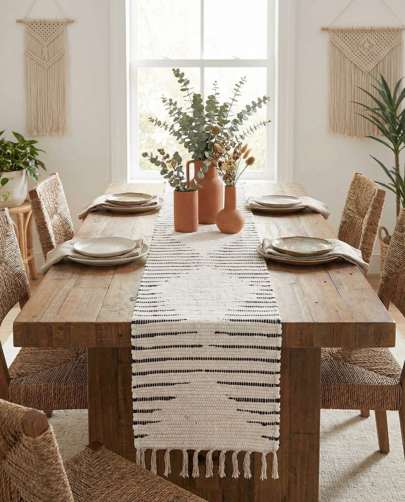 Thar Cotton Collection Area Rug - Jaisalmer (White) Table Runner White  lifestyle 75