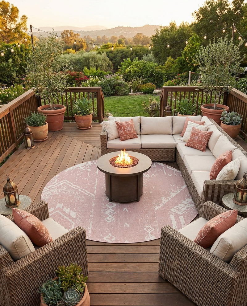 Desert Nomad Terrace Collection Area Rug - Sahara (Pink) Round Pink  lifestyle 16
