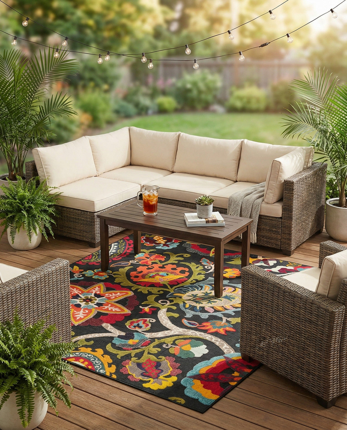 Outdoor Marrakesh Collection Area Rug - Fes Square Multi Black  lifestyle 148