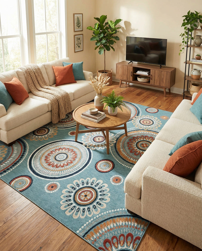 Seaside Blooms Collection Area Rug -  Eden Rectangle Light Blue  lifestyle 50