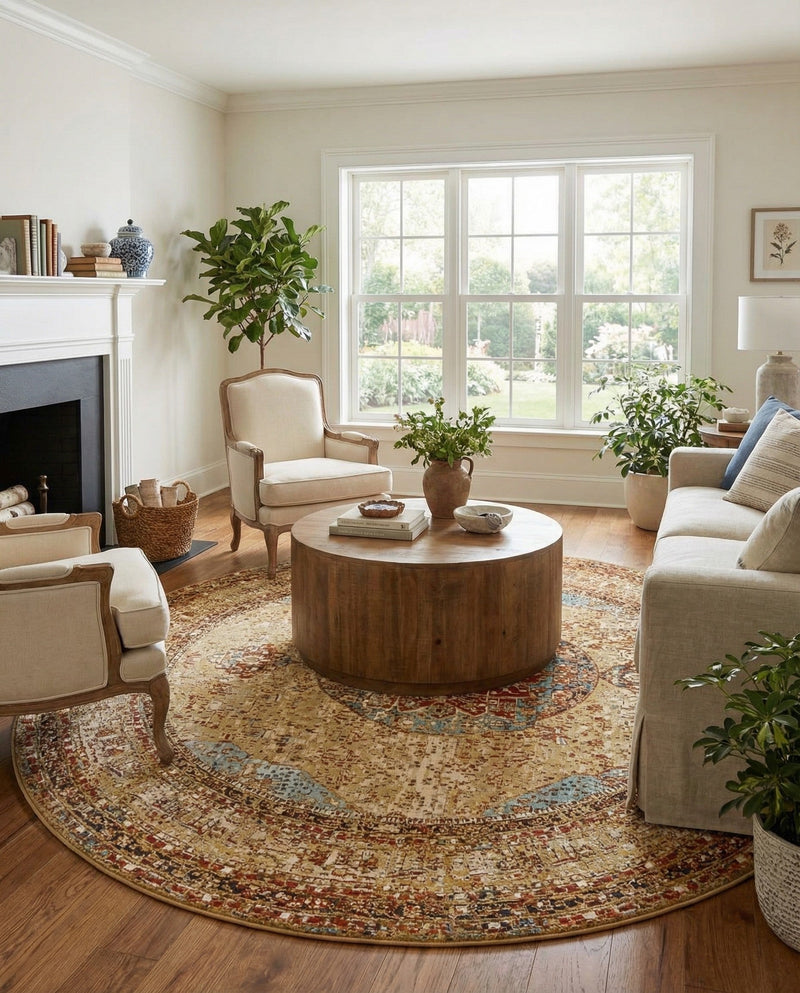 Patio Heritage Collection Area Rug -  Pergola Round Blue and Light Brown  lifestyle 62