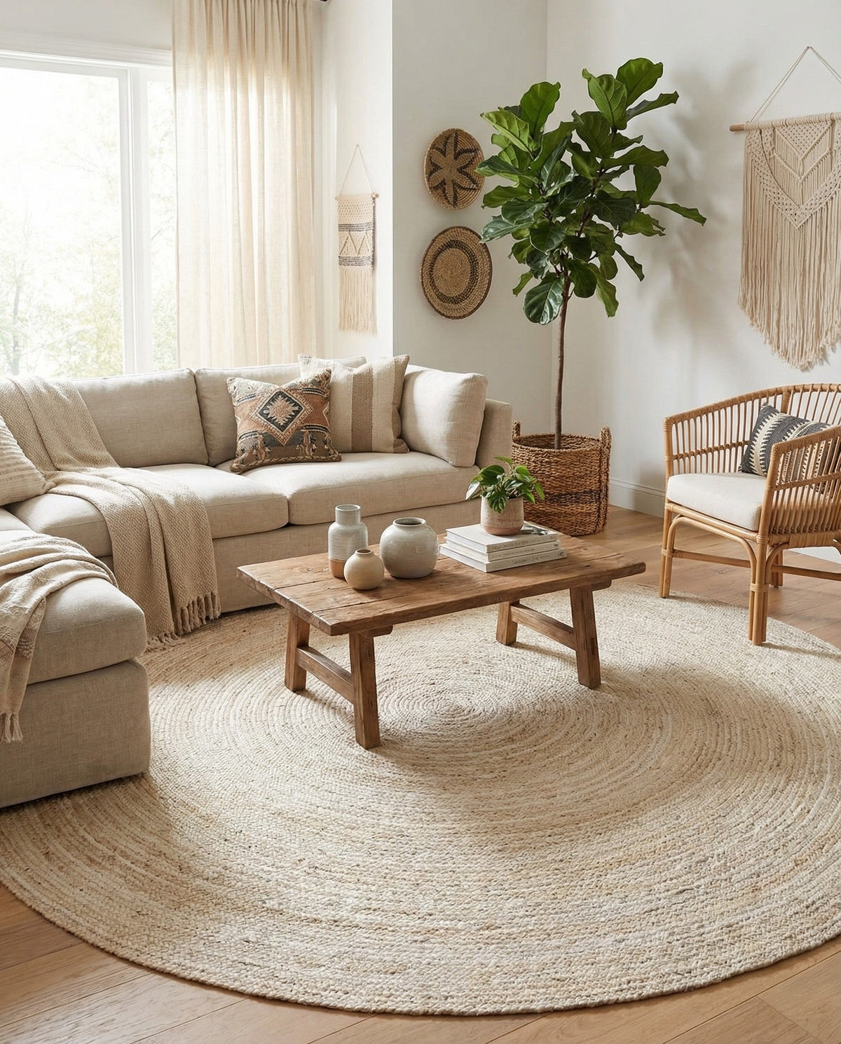 Woven Seaside Jute Collection Area Rug - Savannah (White) Round White  lifestyle 90