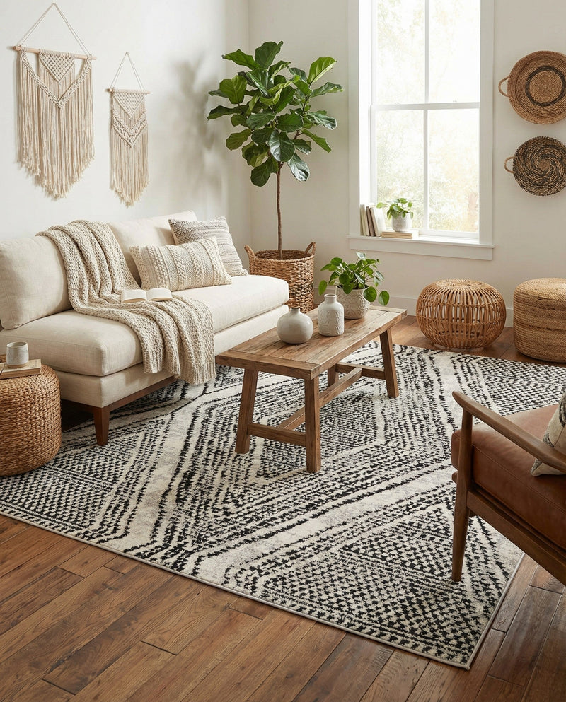 Marrakech Mosaic Collection Area Rug -  Medina Square Black and White  lifestyle 58