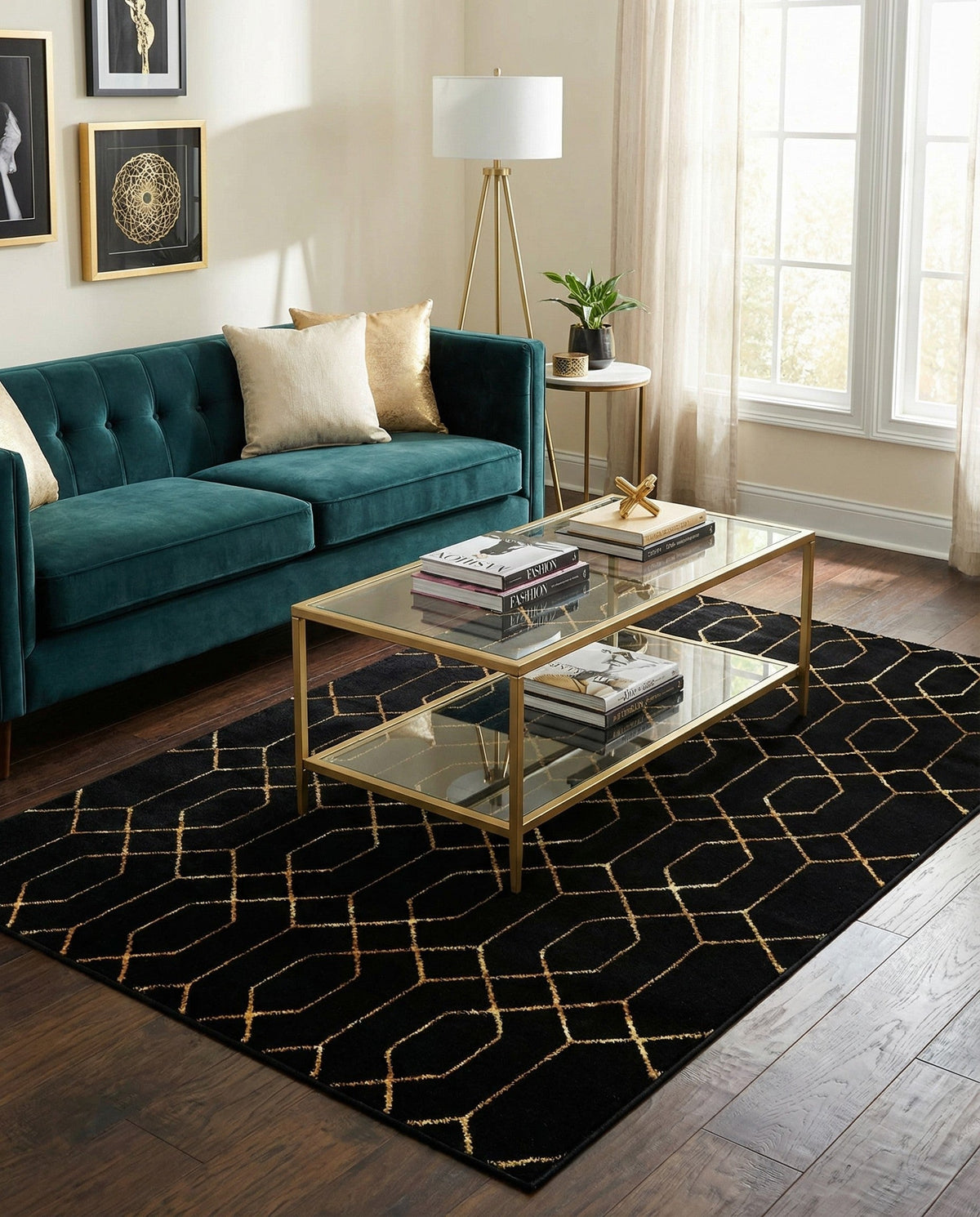 Hollywood Luxe Collection Area Rug - Sunset Rectangle Black and Gold  lifestyle 87