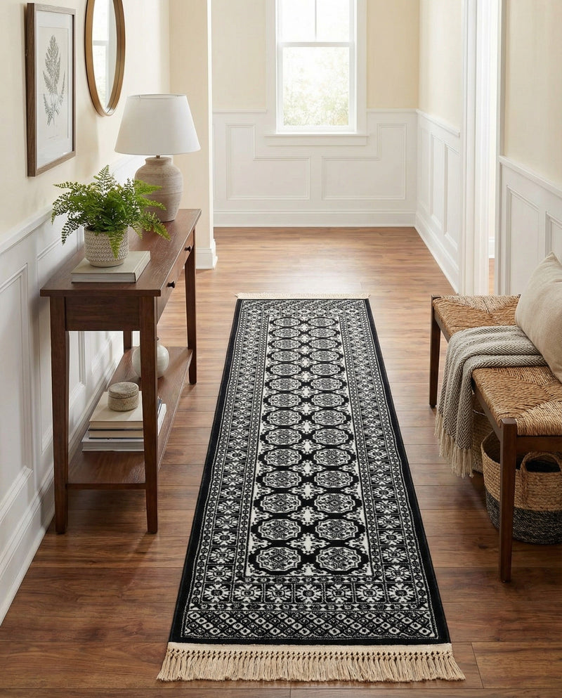 Samarkand Elegance Collection Area Rug -  Margilan (Black and White) Runner Black and White  lifestyle 76