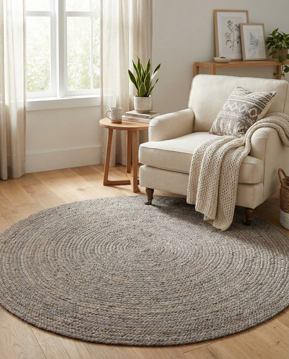 Woven Seaside Jute Collection Area Rug - Savannah (Gray) Round Gray  lifestyle 83
