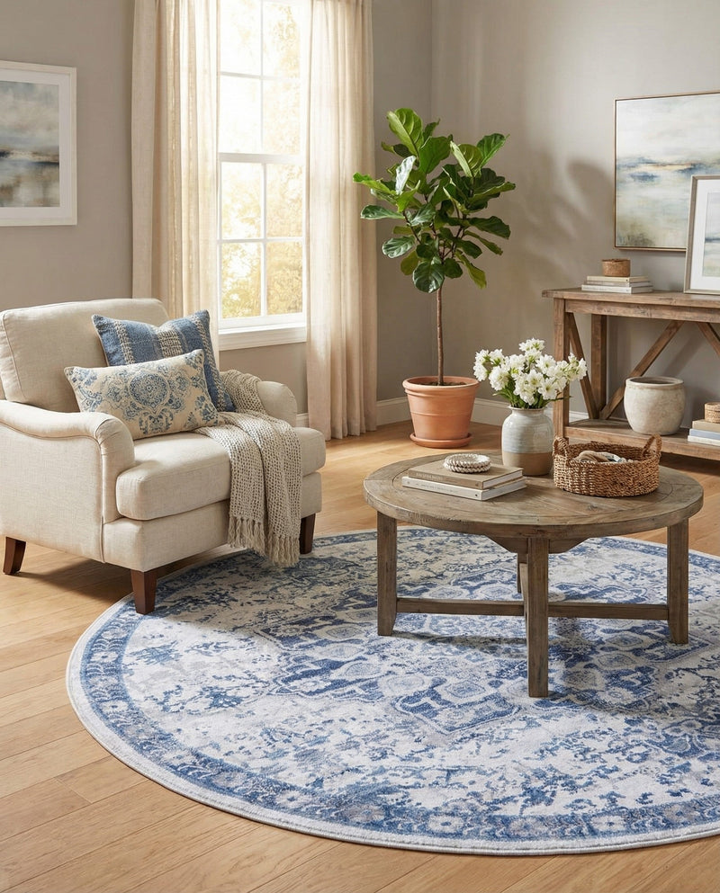Baroque Era Collection Area Rug - Versailles (Gray Blue) Round Gray Blue  lifestyle 35