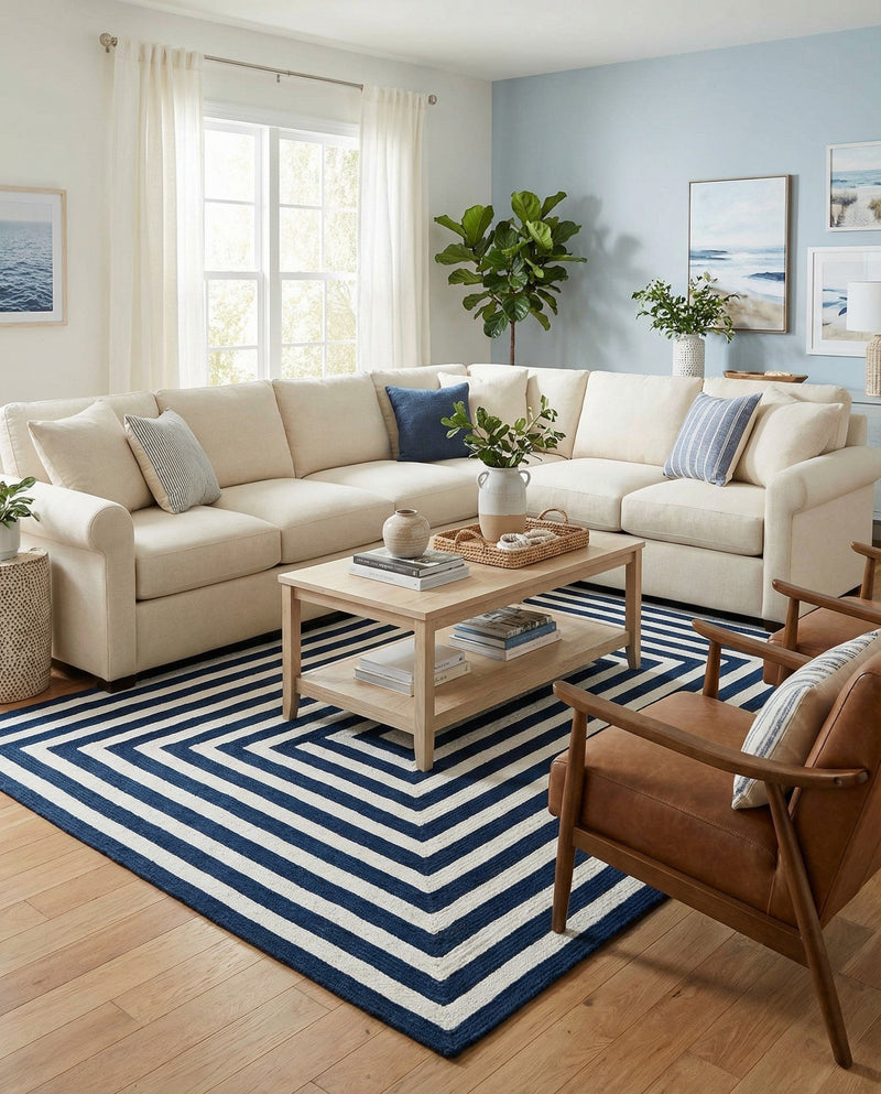 Sustainable Strands Indoor-Outdoor Oasis Collection Area Rug - Harborview Rectangle Navy Blue and White  lifestyle 26