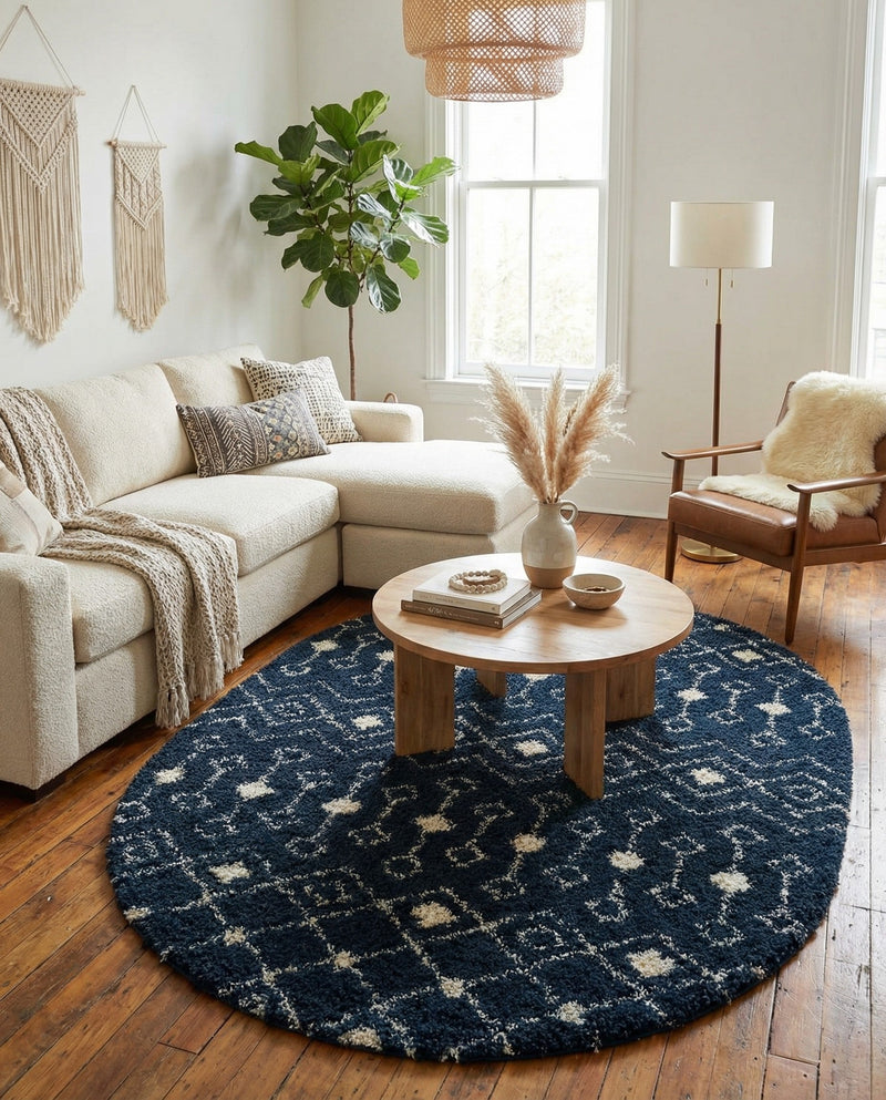 Berber Lattice Shag Collection Area Rug - Atlas (Navy Blue) Oval Navy Blue  lifestyle 36