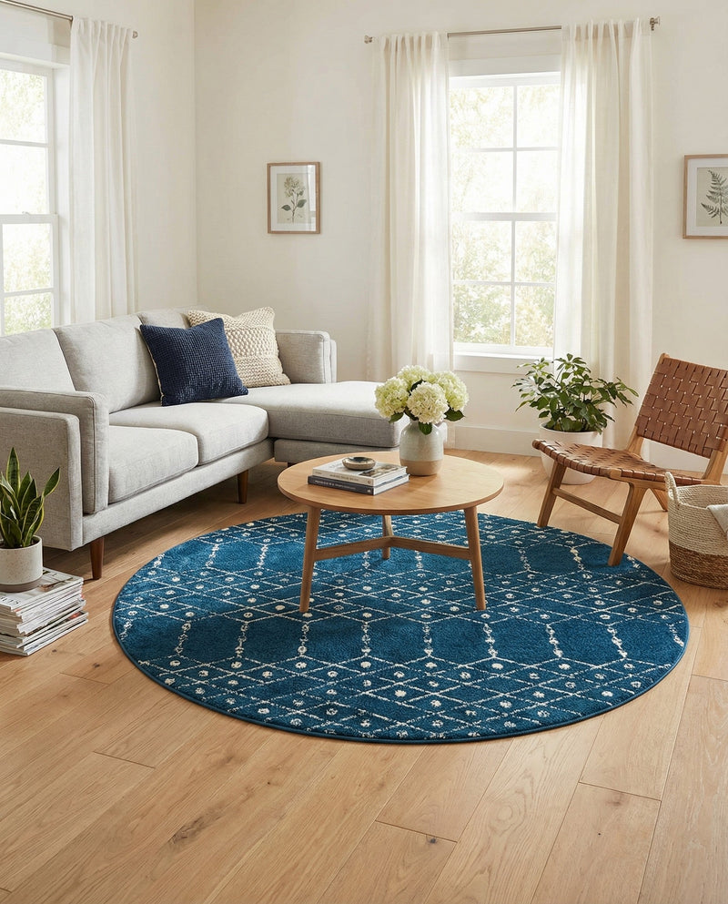 Marrakesh Lattice Collection Area Rug - Casablanca (Navy Blue) Round Navy Blue  lifestyle 37