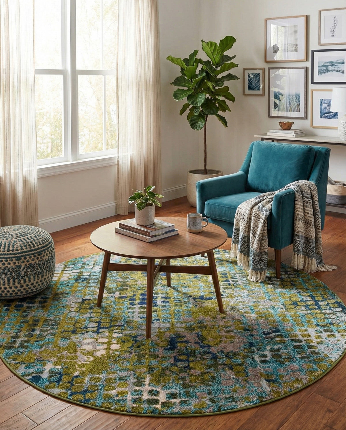 Chromatic Oasis Collection Area Rug -  Tropic Round Blue Green  lifestyle 120