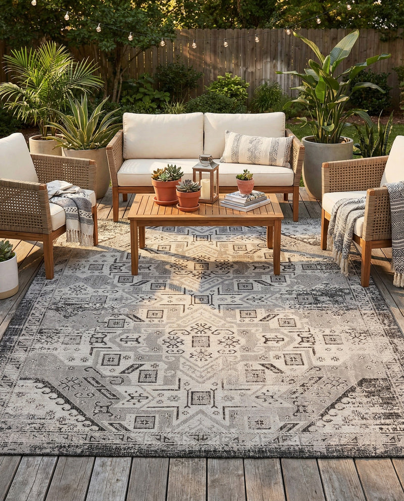 Tribal Terrace Treasures Collection Area Rug - Mayan Marina (Charcoal Gray) Rectangle Charcoal Gray  lifestyle 10