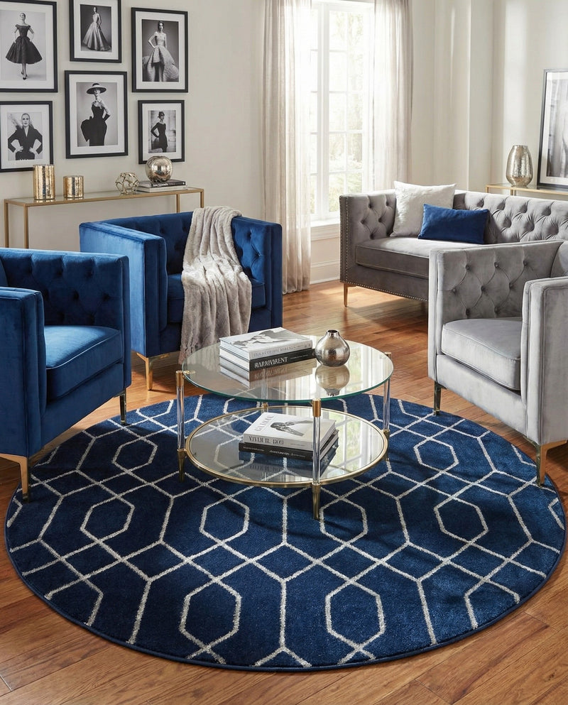 Hollywood Luxe Collection Area Rug - Sunset (Navy Blue Silver) Round Navy Blue Silver  lifestyle 34