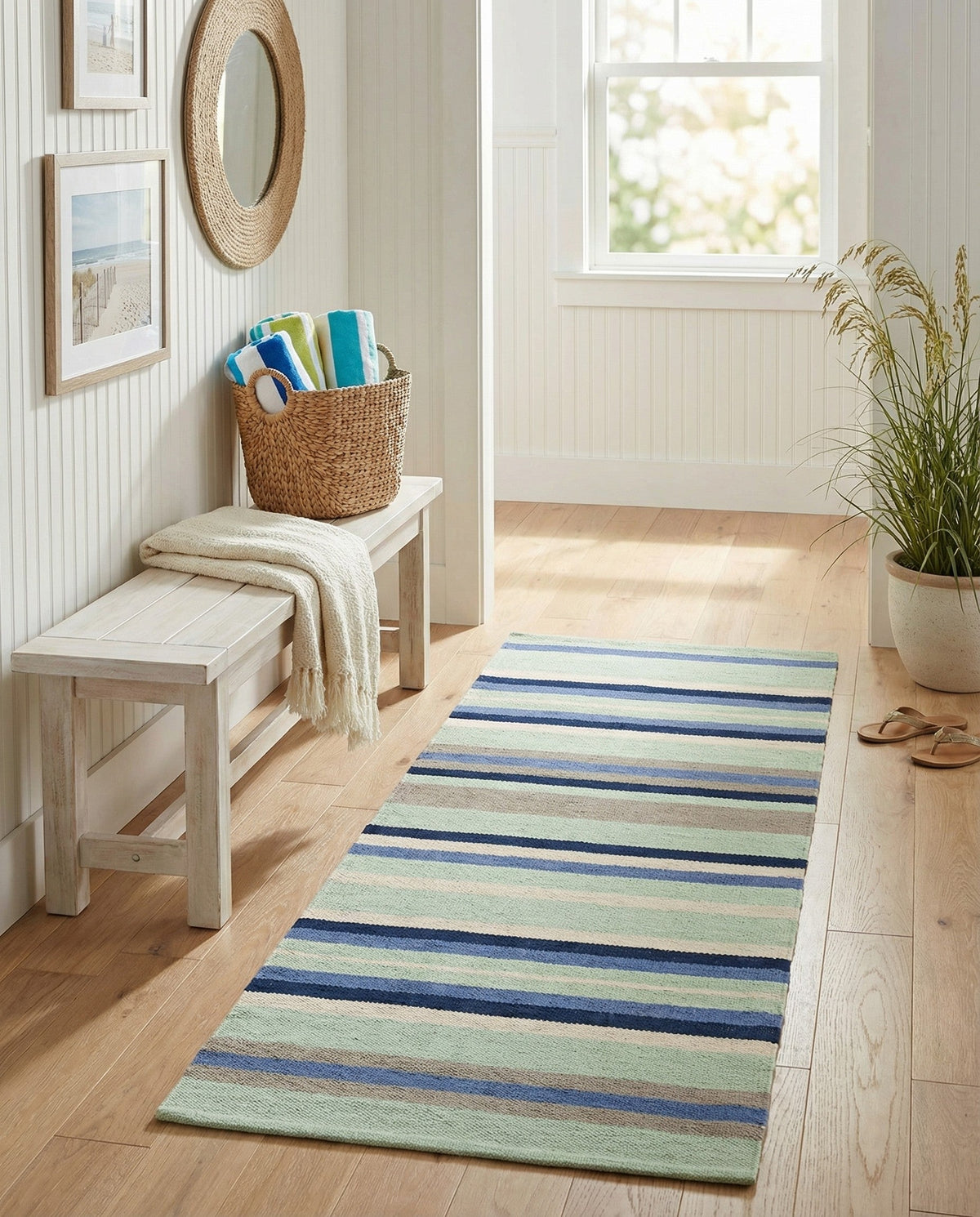 Coastal Stripe Dhurrie Collection Area Rug - Seashore Runner Aqua Blue and Gray  lifestyle 110