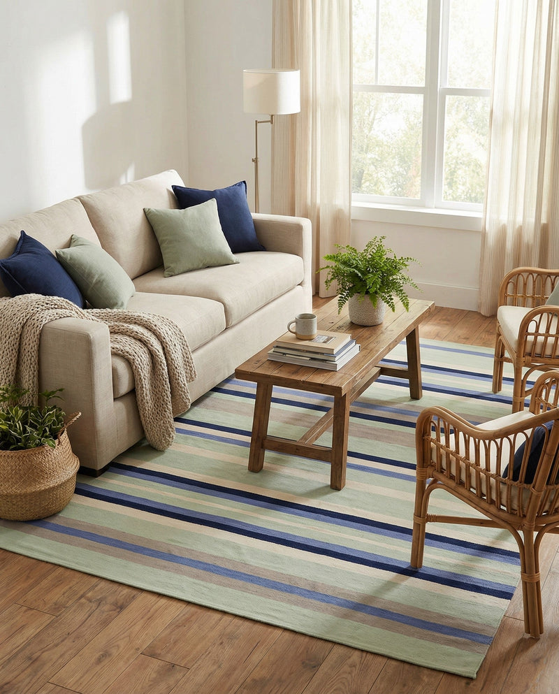 Coastal Stripe Dhurrie Collection Area Rug - Seashore Rectangle Aqua Blue and Gray  lifestyle 31