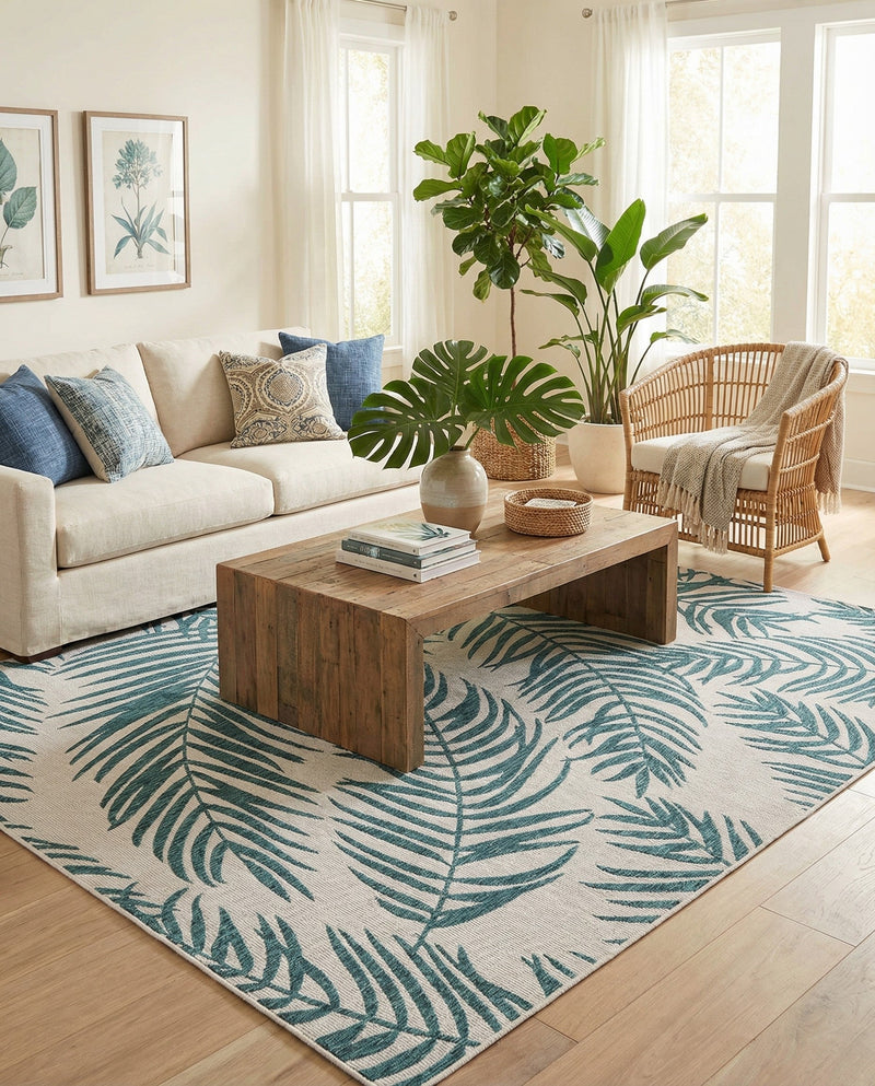 Seaside Blooms Collection Area Rug - Verdure (Teal Ivory) Rectangle Teal Ivory  lifestyle 15