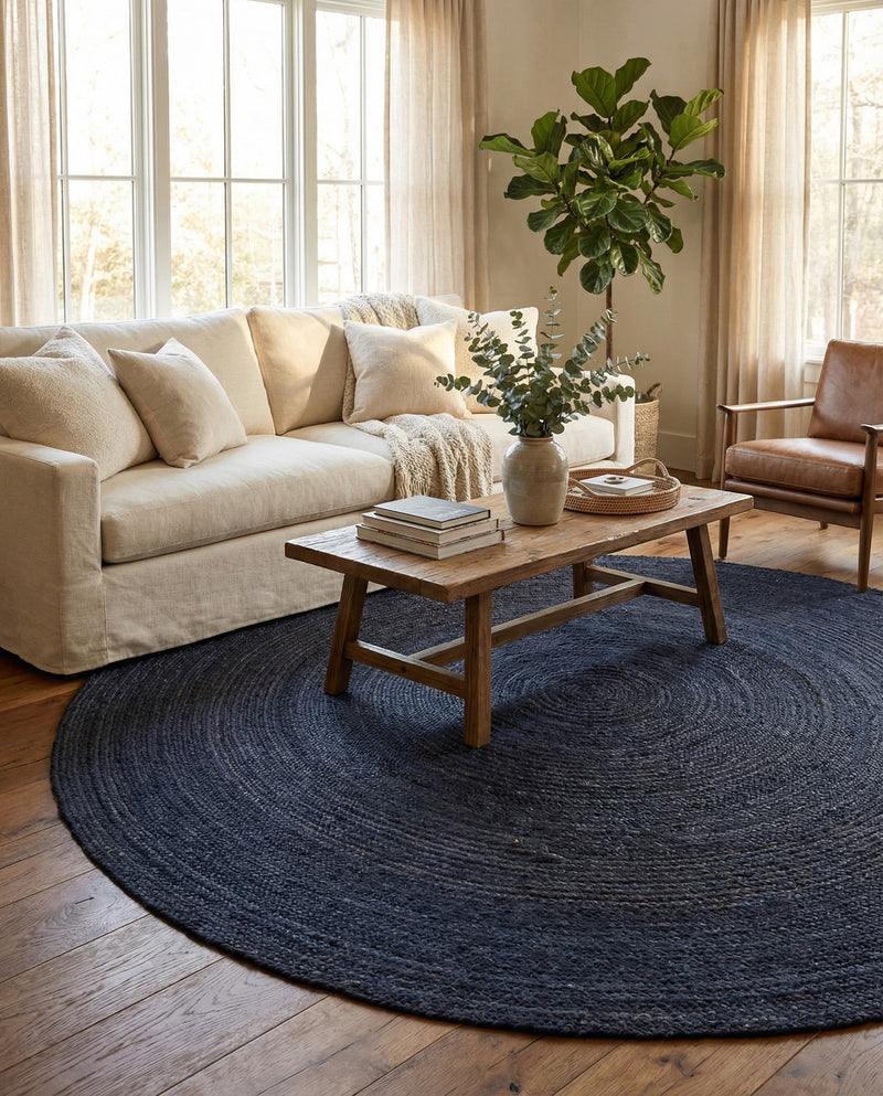 Woven Seaside Jute Collection Area Rug - Savannah (Navy Blue) Round Navy Blue  lifestyle 53