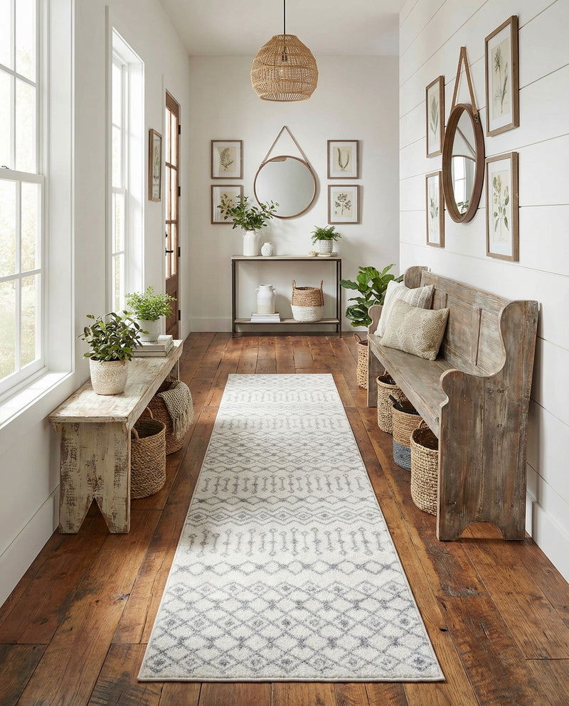 Mediterranean Lattice Collection Area Rug - Santorini (Ivory and Gray) Runner Ivory and Gray  lifestyle 78