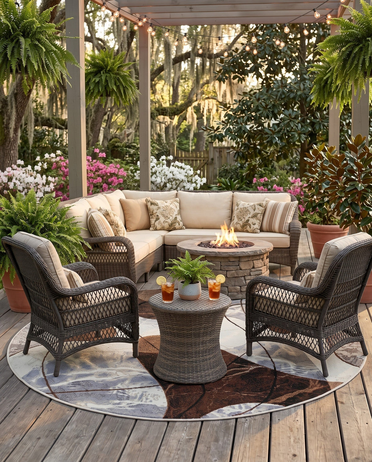 Urban Terrace Collection Area Rug -  Garden Round Brown and White  lifestyle 67