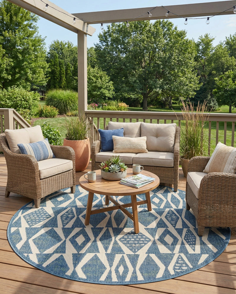 Coastal Terrace Collection Area Rug -  Tidepool Round Blue  lifestyle 62