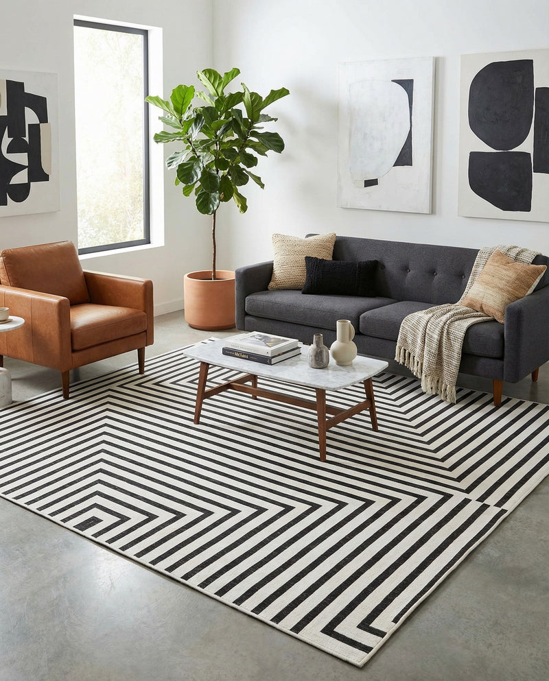Urban Terrace Collection Area Rug -  Astoria (White and Black) Square White and Black  lifestyle 34