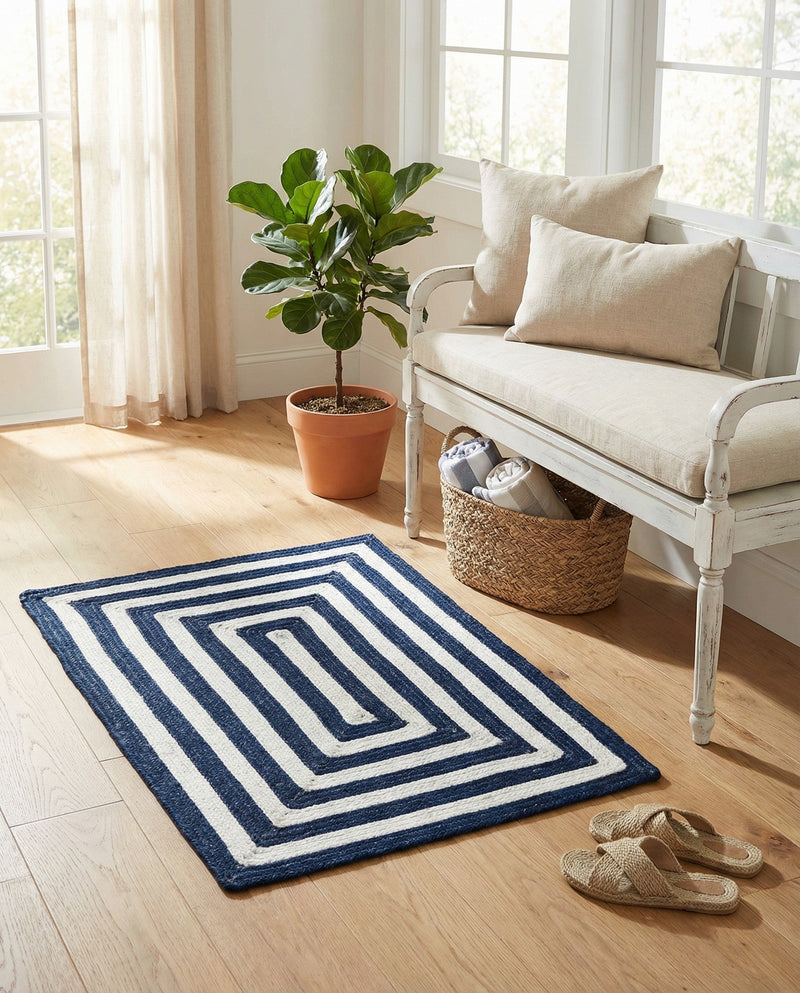 Sustainable Strands Indoor-Outdoor Oasis Collection Area Rug - Harborview Rectangle Navy Blue and White  lifestyle 20