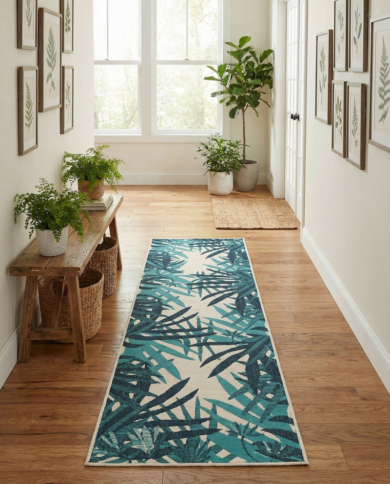 Seaside Blooms Collection Area Rug -  Provence Runner Teal blue  lifestyle 71