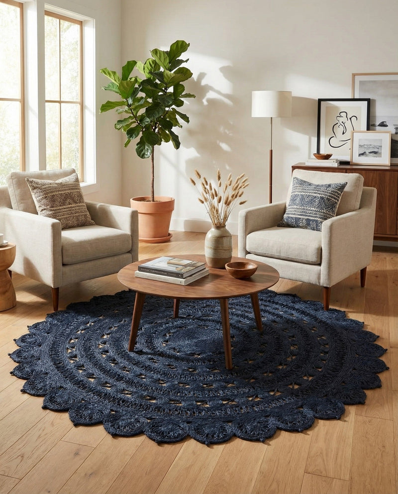 Woven Seaside Jute Collection Area Rug - Coastalhaven (Navy Blue) Round Navy Blue  lifestyle 12