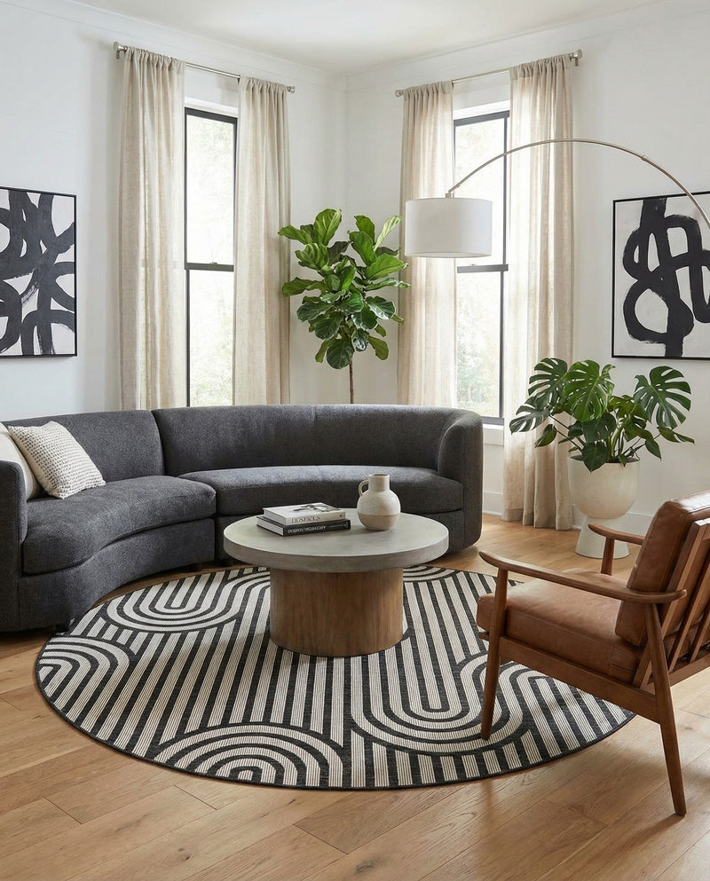 Urban Terrace Collection Area Rug -  Uptown Round Black and White  lifestyle 69