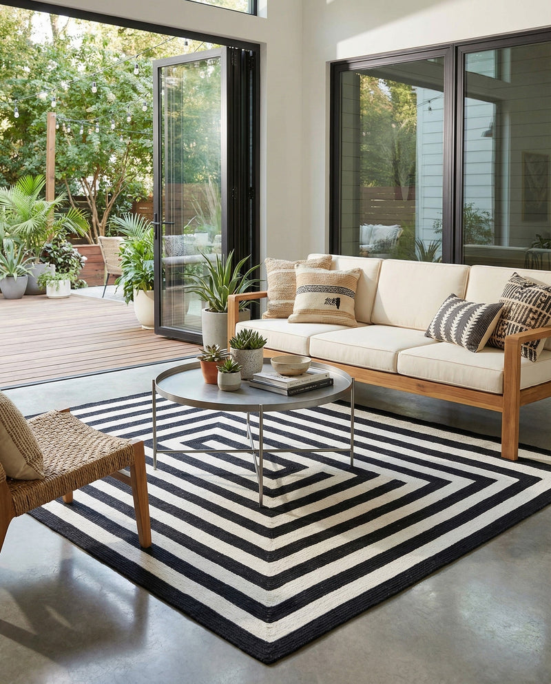 Sustainable Strands Indoor-Outdoor Oasis Collection Area Rug - Harborview Rectangle Black and White  lifestyle 14