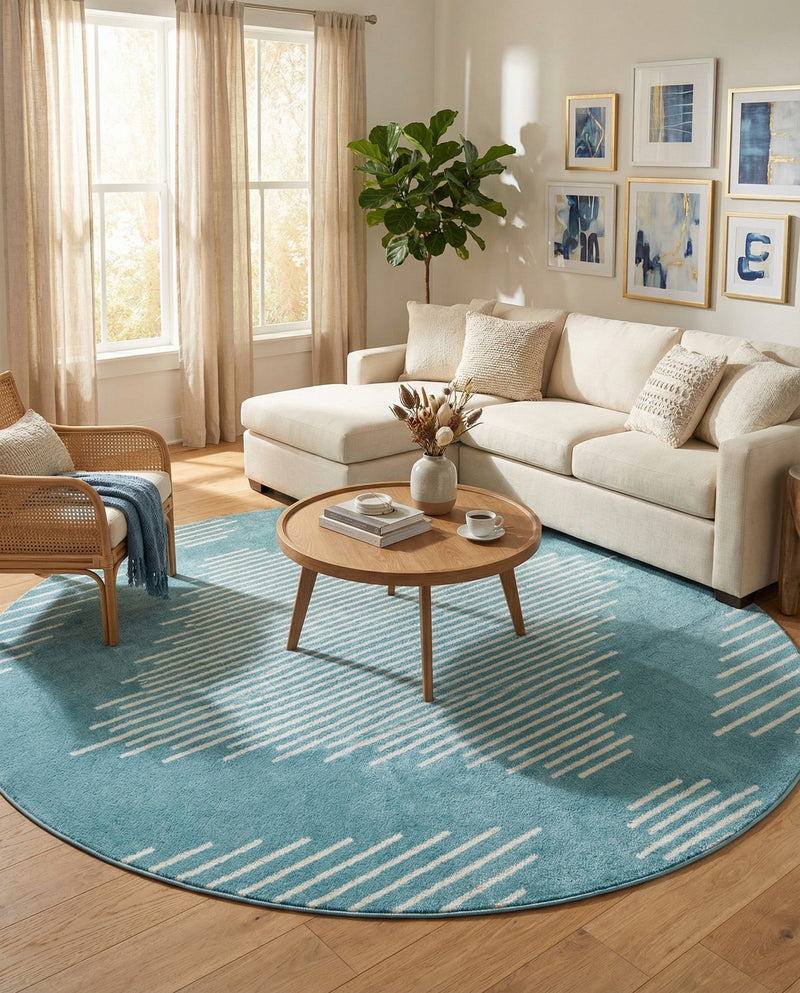 Seychelles Stripes Collection Area Rug - Mahe (Light Blue) Round Light Blue  lifestyle 45