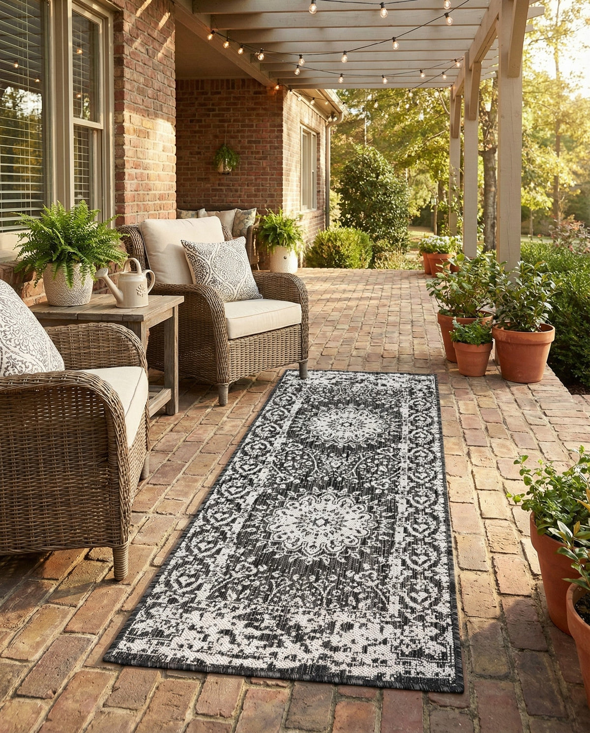Patio Heritage Collection Area Rug -  Lafayette (Black and White) Runner Black and White  lifestyle 66