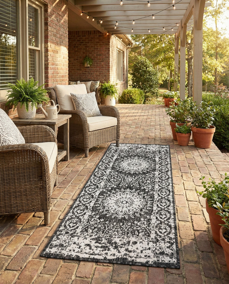 Patio Heritage Collection Area Rug -  Lafayette (Black and White) Runner Black and White  lifestyle 66