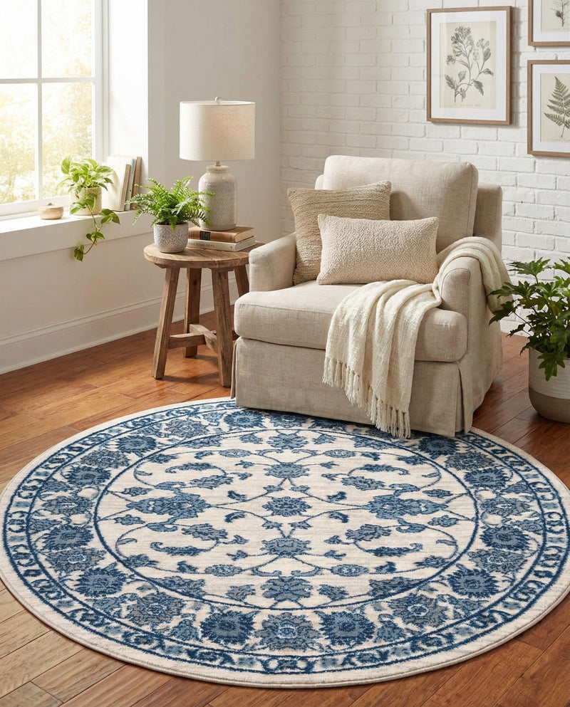 Charleston Elegance Collection Area Rug -  Seaport (White Blue) Round White Blue  lifestyle 69