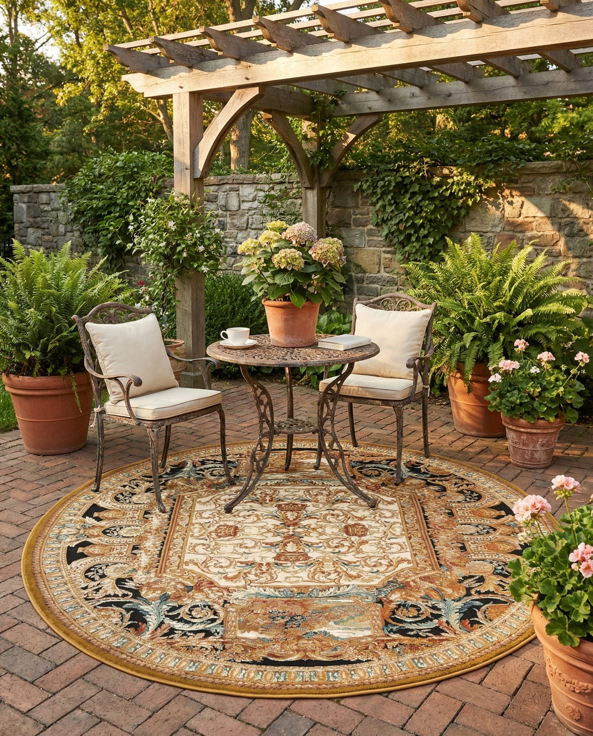 Patio Heritage Collection Area Rug - Veranda Round Black Gold Brown  lifestyle 95