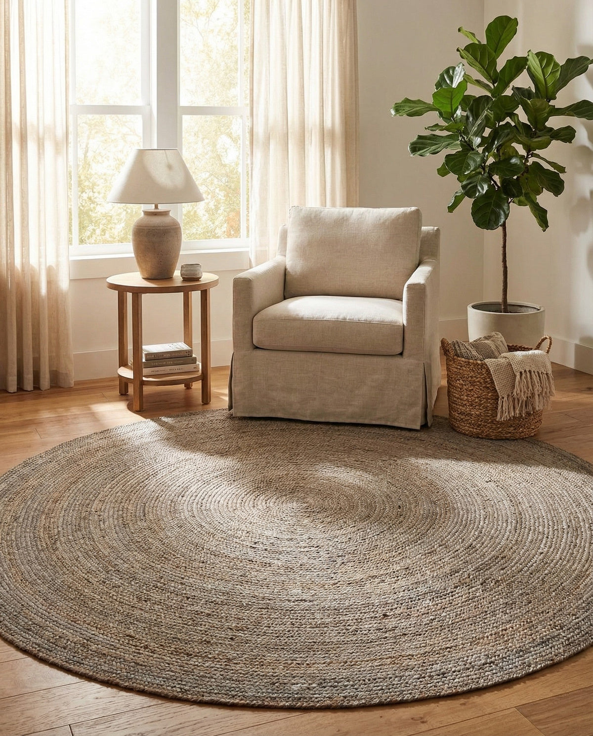 Woven Seaside Jute Collection Area Rug - Savannah (Gray) Round Gray  lifestyle 87