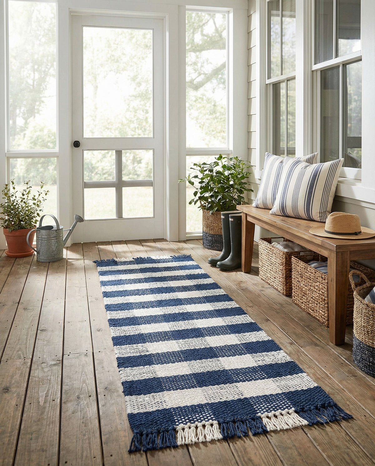Sustainable Grid Indoor-Outdoor Oasis Collection Area Rug - Savannah Runner Navy Blue  lifestyle 203