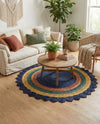 Woven Seaside Jute Collection Area Rug - Coastalhaven (Navy Blue Yellow Green) Round Navy Blue Yellow Green  lifestyle 28