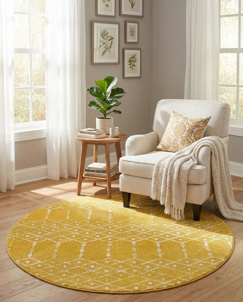 Marrakesh Lattice Collection Area Rug - Casablanca (Yellow) Round Yellow  lifestyle 72
