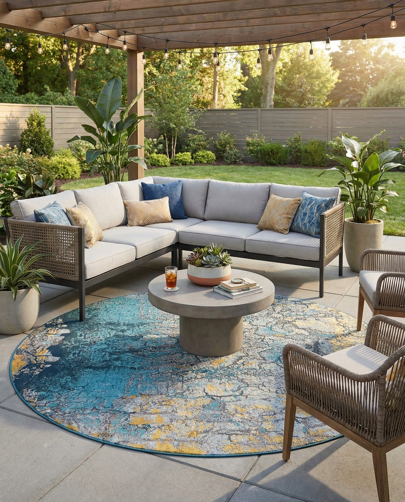 Urban Terrace Collection Area Rug -  Lanai Round Gradient Blue  lifestyle 70