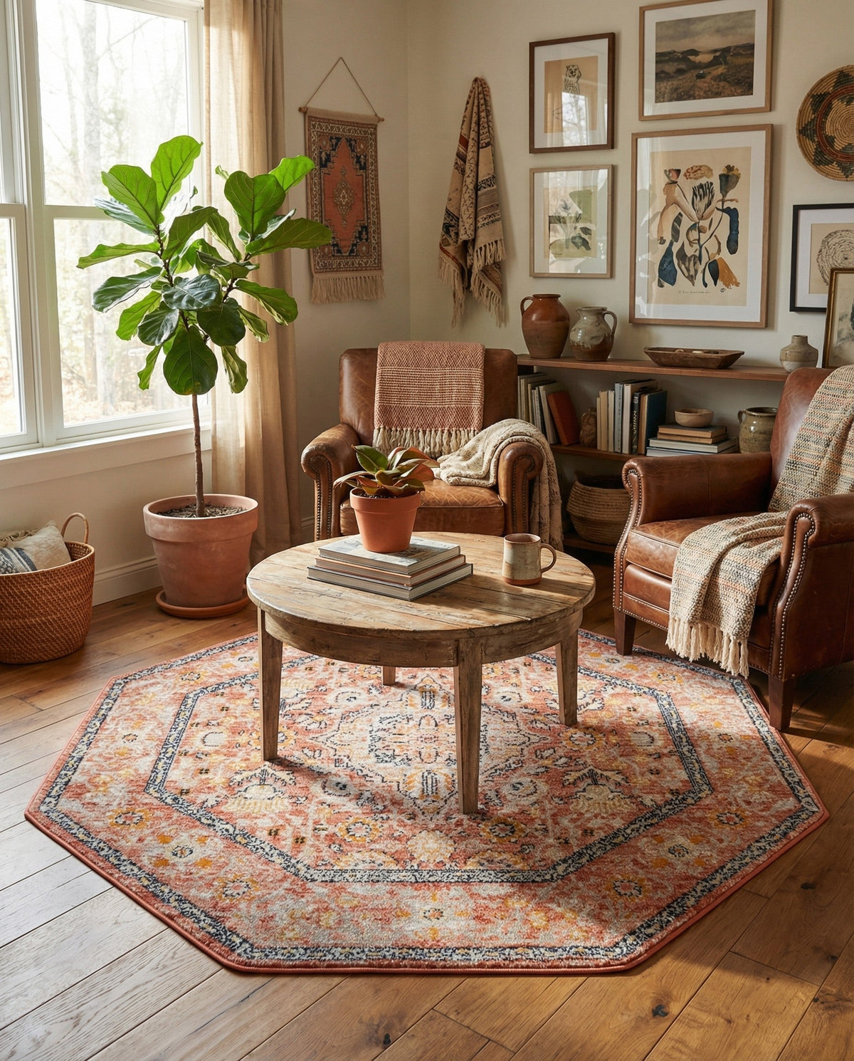 Seville Stripes Collection Area Rug - Cadiz (Brick Red) Octagon Brick Red  lifestyle 79
