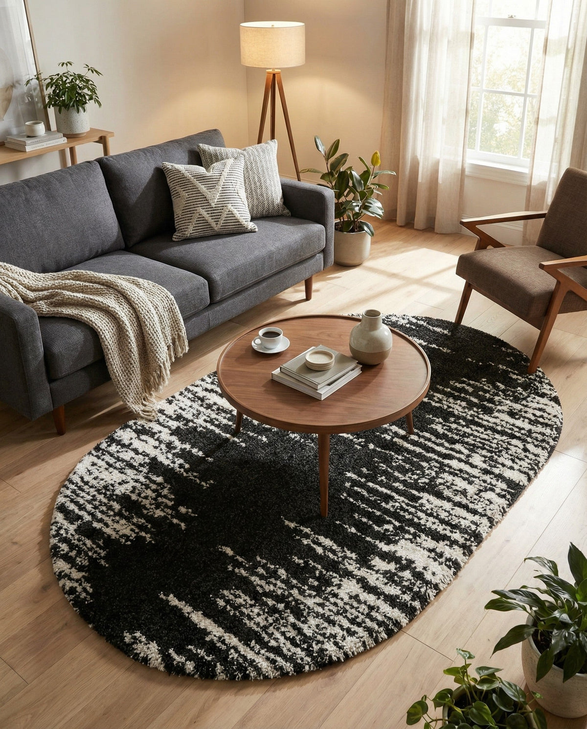 Tranquil Tides Shag Collection Area Rug - Marina Oval Black and White  lifestyle 115