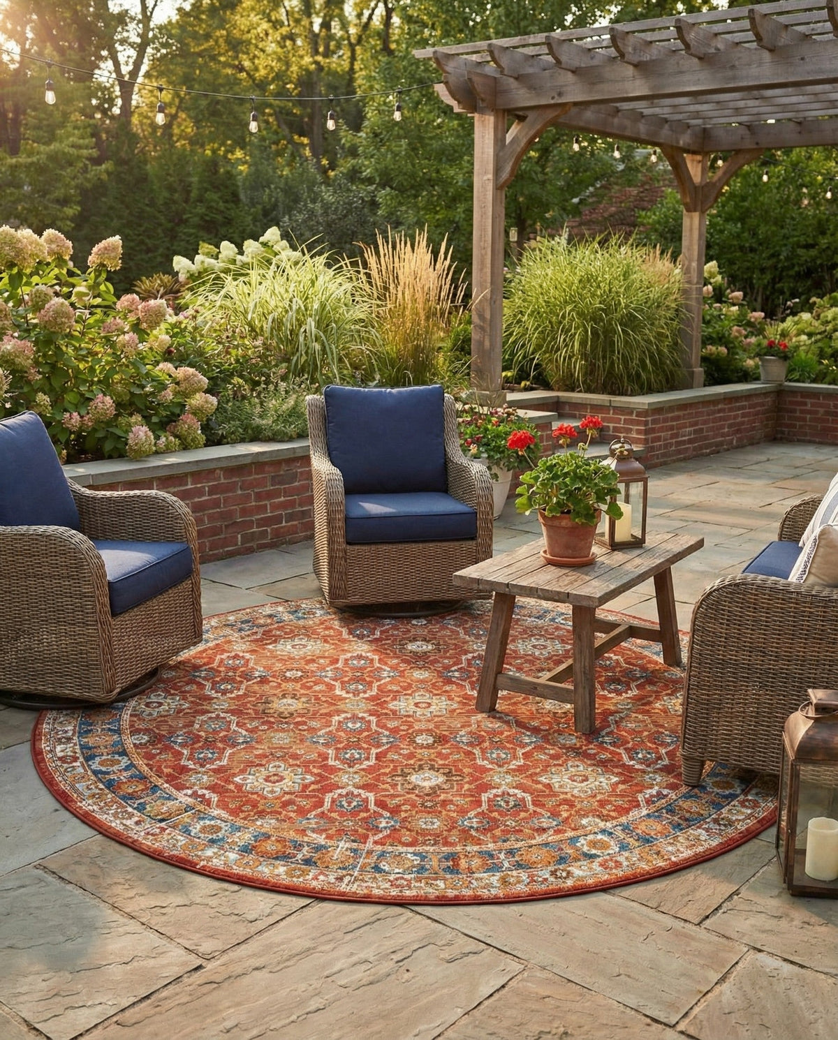 Patio Heritage Collection Area Rug -  Eden Round Antique Red  lifestyle 83