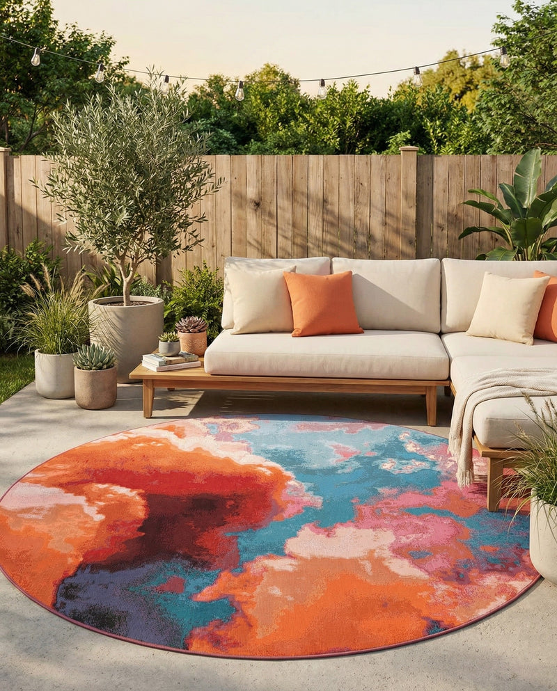Urban Terrace Collection Area Rug -  Patio Round Gray and Pink  lifestyle 72